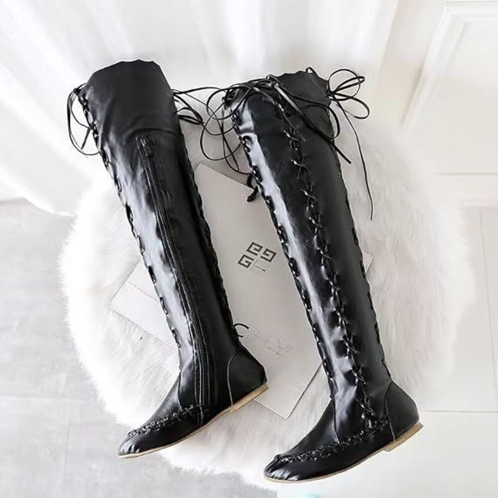 Black Lace-Up Over-the-Knee Boots with Side Zippers